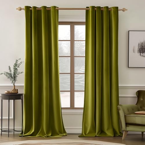 Velvet Curtains Light Olive Green 52 x 84 Inch Length Set of 2 (Light Olive / 52"W x 84"L (Pack of 2))