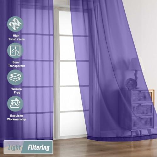 Purple Sheer Curtains for Window 96 Inches Long 2 Panels Set (42"W x 96"L (Pack of 2) / Purple)