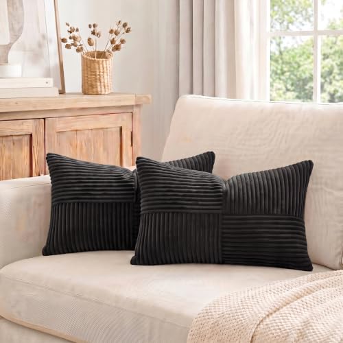 2 Packs Black Lumbar Decorative Throw Pillow Covers 12x20 Inch for Living Room Couch Bed Sofa (Black / 20" x 12" (Pack of 2))