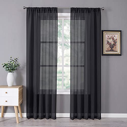 Sheer Curtain Linen Textured Living Room Curtains Sheer Light Filtering Rod Pocket Voile Curtain for Bedroom (54"W x 72"L (Pack of 2) / Black)