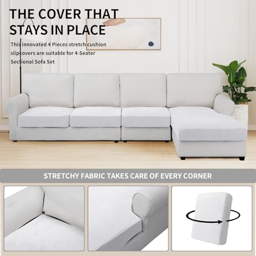 Stretch 4 Pieces Couch Cushion Covers for Sectional Sofa L Shape (3 Seater + 1 Chaise / Snow White)