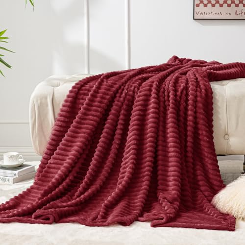 Ribbed Jacquard Burgundy Fleece Twin Blanket for Couch (Burgundy / Twin(60"x80"))