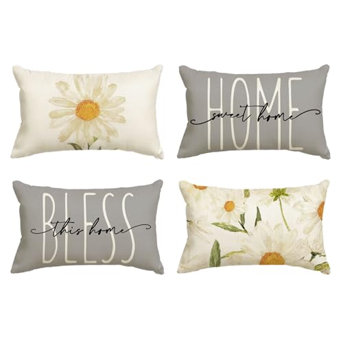 Home Sweet Home Spring Summer Flowers Throw Pillow Covers (Grey / 20" x 12" (Pack of 4))
