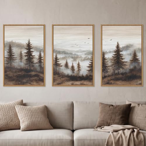 Large Foggy Pine Tree Mountain Framed Canvas Wall Art Set (Foggy Landscape Wall Art / 24"L x 36"W)