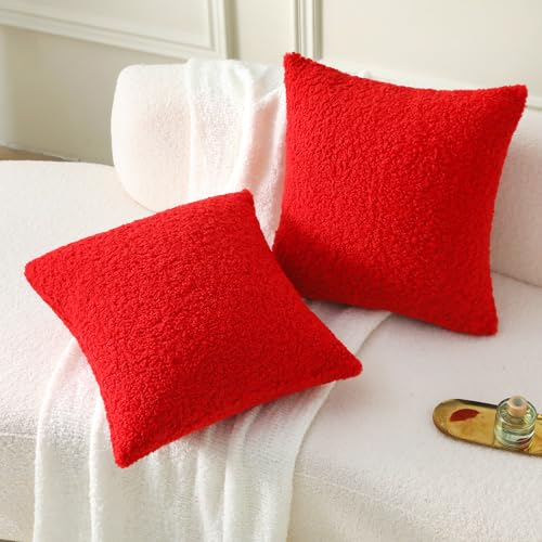 Pack of 2 Faux Fur Teddy Boucle Pillow Covers 20x20 Inch (Red / 20" x 20" (Pack of 2))