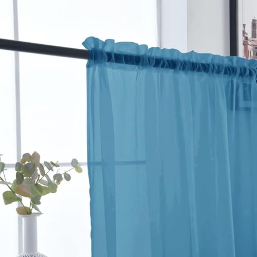 Basic Rod Pocket Sheer Voile Window Curtain Panels Blue 1 Pair 2 Panels 52 Width 63 Inch Long for Kitchen Bedroom Children Living Room Yard（Blue (Blue / 52"W x 63"L (Pack of 2))