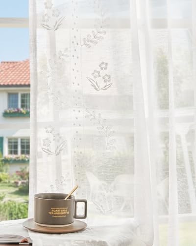 Floral Sheer Curtains (S | White / 50"W x 63"L (Pack of 2))