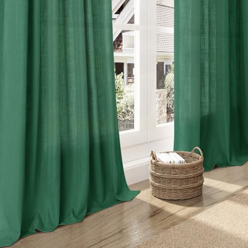 Dark Green Linen Curtains for Living Room 63 Inches Long 2 Panel Set Light Filtering Linen Drapes for Kitchen Windows Rod Pocket Back Tab Short See Through Curtain Country Farmhouse Decor 52x63 (52"W x 63"L (Pack of 2) / Dark Green)