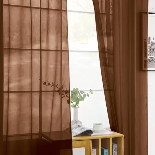 Brown Sheer Curtains 4 Panels Rod Pocket Semi (Brown / 52"W x 45"L (Pack of 4))