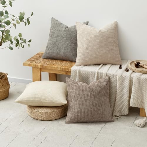 Decorative Chenille Pillow Covers Neutral Beige 20x20 Pack of 4 (20" x 20" (Pack of 4) / Neutral Beige/Brown)