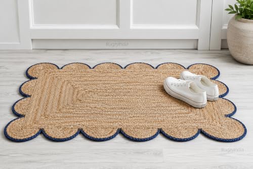 Scalloped Natural Jute Area Rug Natural Base Navy Blue Trim (2'x3' / Navy)