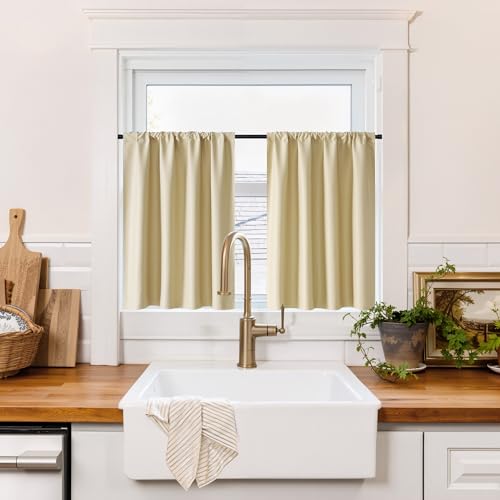 100% Blackout Basement Curtains 24 inches Long (100% Blackout - Biscotti Beige / 34"W x 24"L (Pack of 2))
