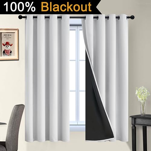 Greyish White 100% Blackout Curtains 63 Inches Long (52"W x 63"L (Pack of 2) / Greyish White)