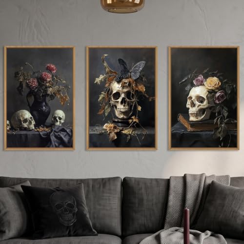 Large Vintage Skull Halloween Floral Framed Canvas Wall Art Set (Skull Halloween Framed Wall Art / 24"L x 16"W)