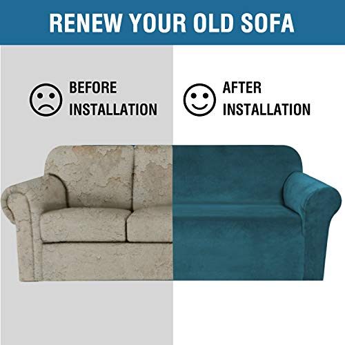 Stretch Velvet Loveseat Covers for 2 Cushion Couch Covers for Living Room Sofa Covers Slipcovers with Non Slip Straps Bottom (Deep Teal / Loveseat)