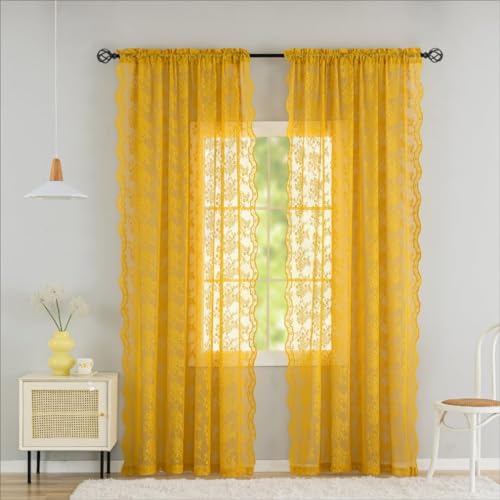 Vintage Lace Curtains 84 Inches Long (Mustard Yellow / 52"W x 84"L (Pack of 2))