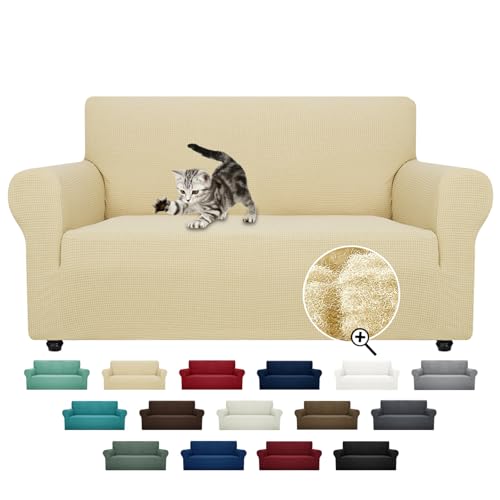 Super Stretch Couch Cover Love Seat Sofa Covers for Living Room Dogs Pet Friendly Furniture Protector Spandex Loveseat Slipcovers with Anti Slip Foam Sticks (Beige / Medium (57"-70"))