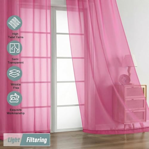 Sheer Curtains 63 Inch Length 2 Panels (42"W x 63"L (Pack of 2) / Hot Pink)