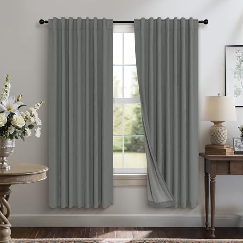 Gray Black Out Curtains 72 Inch Long for Bedroom 2 Panels Set Back Tab Pleated Neutral Boho Linen Textured Dark Grey Room Darkening Saving Energy Efficient Sound Deadening Drapes for Doorway 72 Length (Grey / 52"W x 72"L (Pack of 2))