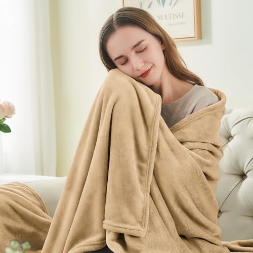 Fleece Blanket Soft Plush Twin Size Blanket Light Camel 60"x80" (Light Camel / Twin(60"x80"))