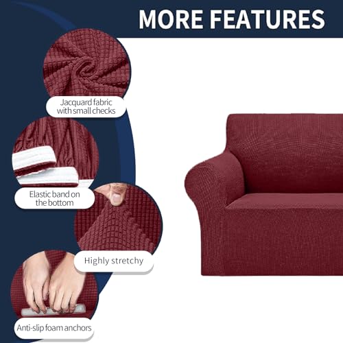 2026 New Stretch Oversized Sofa Slipcovers Couch Sofa Cover for 4 Seater Furniture Protector Covers with Elastic Bottom Jacquard Fabric Small Checks for Pets (Dark Red / Oversized Sofa)