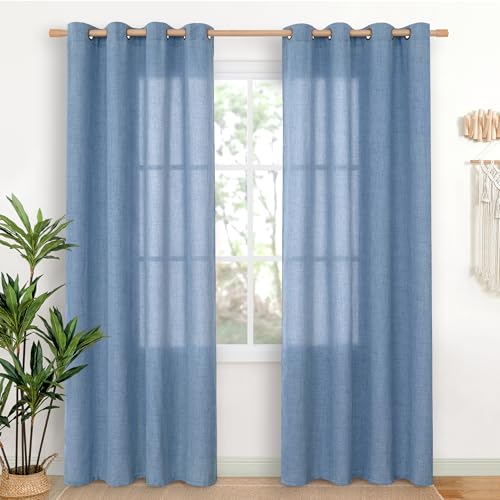 Denim Blue Linen Semi Sheer Curtains 80 Inch Length for Living Room (Denim Blue / 52"W x 80"L (Pack of 2))
