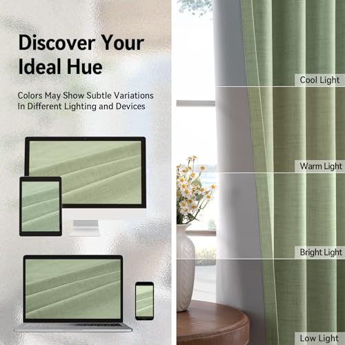 100% Blackout Linen Curtains 96 Inch Long 2 Panels Set (Eden | Sage Green / 50"W x 96"L (Pack of 2))