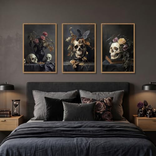 Large Vintage Skull Halloween Floral Framed Canvas Wall Art Set (Skull Halloween Framed Wall Art / 24"L x 16"W)