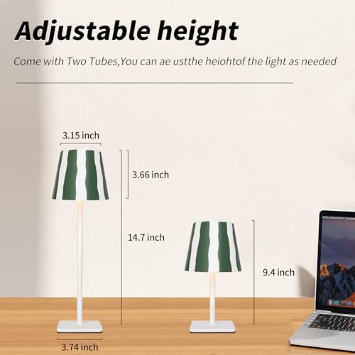 Outdoor Waterproof Cordless Wireless Rechargeable Portable Top Touch Battery Operated Powered LED Table Lamp Desk Lamp Lights for Restaurant Kitchen Patio Dinner Dining (Green Stripe+Wicker Lampshade)