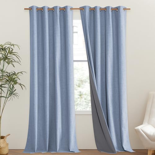Stone Blue Vintage Linen 100% Blackout Curtains for Living Room (52"W x 108"L (Pack of 2) / Stone Blue)