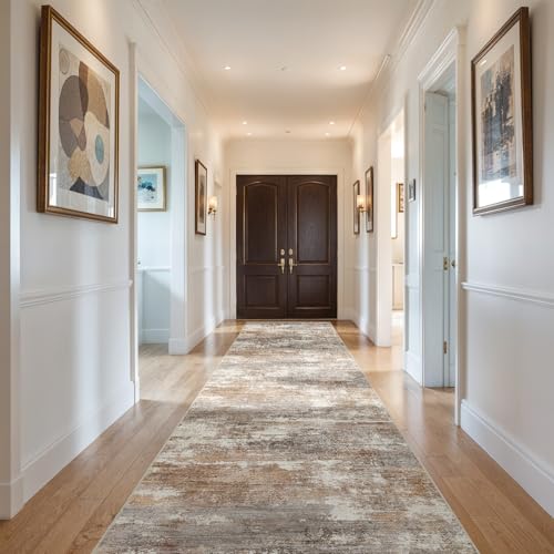 2'6x14 Runner Rug Washable Abstract (Brown/Brick / 2'6" x 14')