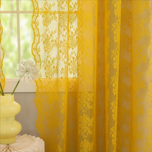 Vintage Lace Curtains Boho Sheer Kitchen Curtain Panels 45 inch Length for Window Over Sink Spring Floral Pattern Design Small Short Drapes for Bathroom 2 Panels 52W x 45L (Mustard Yellow / 52"W x 45"L (Pack of 2))