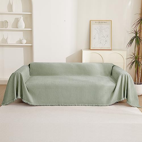 Chenille Sofa Slipcovers Sage Green Sofa Covers with Tassel Edge L Shaped Sectional Couch Covers for 3 Cushion Couch (91" x 134" / Tassels Edge-sage)