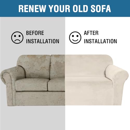 Stretch Velvet Sofa Covers for 3 Cushion Couch Covers Furniture Protector Soft with Non Slip Elastic Bottom (Ivory / Sofa L)