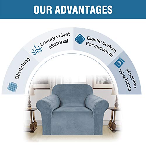 Stretch Velvet Armchair Cover Couch Covers 1 Cushion Chair Slipcover for Living Room Furniture Cover Crafted from Thick Comfy Rich Velour (Stone Blue / Armchair)