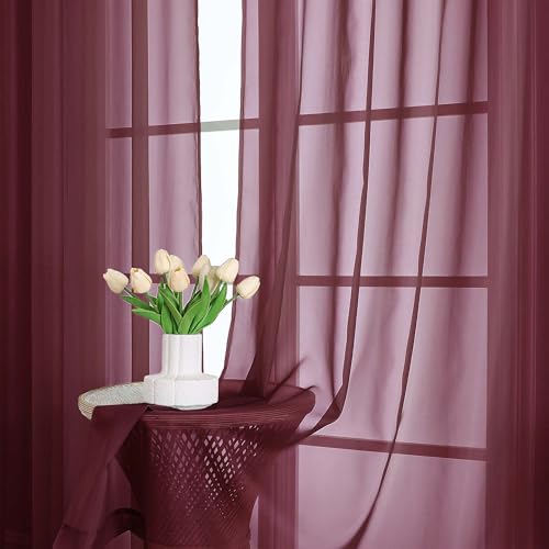 Burgundy Sheer Curtains 108 Inches 2 Panels for Living Room 59" Wide (Burgundy Wine / 59"W x 108"L (Pack of 2))