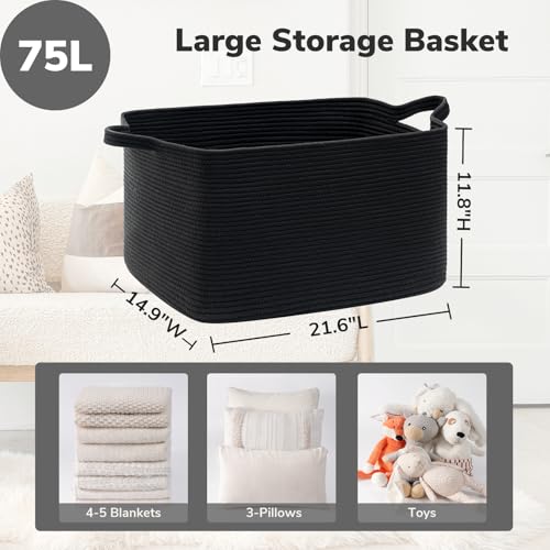 Large Woven Rope Blanket Basket (Black / Large(21.6"L x 14.9"W x 11.8"H))