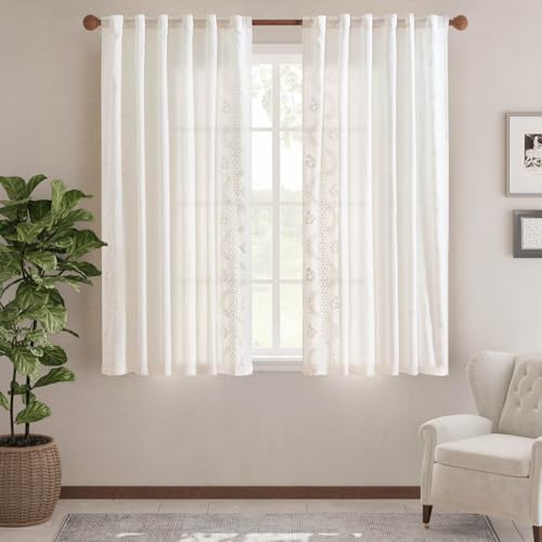 Floral Linen Curtains 63 Inch Farmhouse Back Tab 2 Panels (Off White / 50"W x 63"L (Pack of 2))