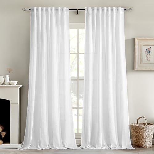 White Linen Curtains 84 Inch Length 2 Panels for Bedroom Living Room (52"W x 84"L (Pack of 2) / White)