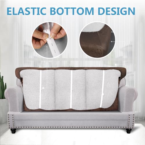 Leather Look Couch Cushion Covers Sofa Seat Slipcovers Sets Couches Furniture Protector for Sectional Armchair Loveseat Pets Kids Stretch Spandex Fabric (3 T-Cushion Sofa / Brown)