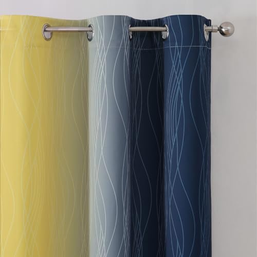 Navy Blue and Yellow Ombre Blackout Curtains for Living Room 84 Inch Long (Navy Blue and Yellow / 42"W x 84"L (Pack of 2))