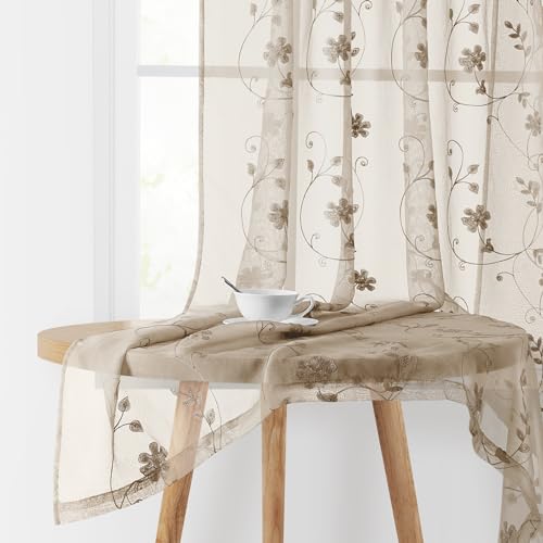 Taupe Sheer Curtains 84 Inches Long 2 Panels Beige Embroidered Floral Pattern Semi Sheer Window Curtains for Bedroom Living Room (52"W x 84"L (Pack of 2) / Taupe/Beige)