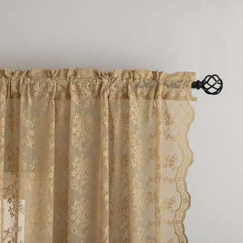 Vintage Lace Curtains 63 Inch Length 2 Panels Earthy Neutral Taupe Sheer Curtains with Scalloped Edges Rod Pocket Short Floral Crochet Panles for Bedroom Dining Room W52 X L63 Light Coffee (Taupe / 52"W x 63"L (Pack of 2))