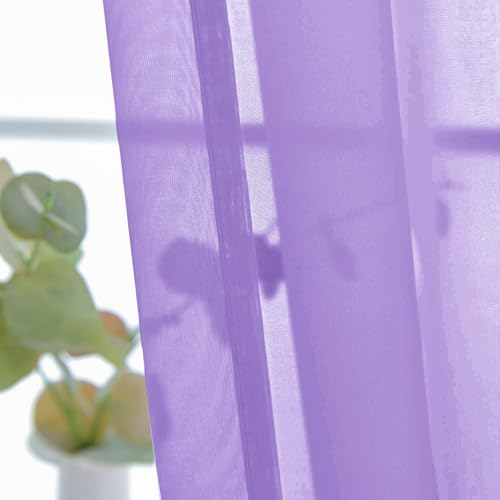 Basic Rod Pocket Sheer Voile Window Curtain Panels Lavender 1 Pair 2 Panels 26 Width 24 Inch Long for Kitchen Bedroom Children Living Room Yard（Lavender (Lavender / 26"W x 24"L (Pack of 2))
