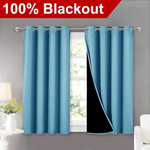 100% Blackout Short Curtains with Black Liners (Teal Blue / 52"W x 45"L (Pack of 2))