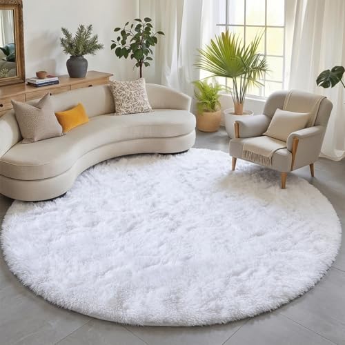White Round Rugs 6ft for Living Room Bedroom (White / 6' (Round))