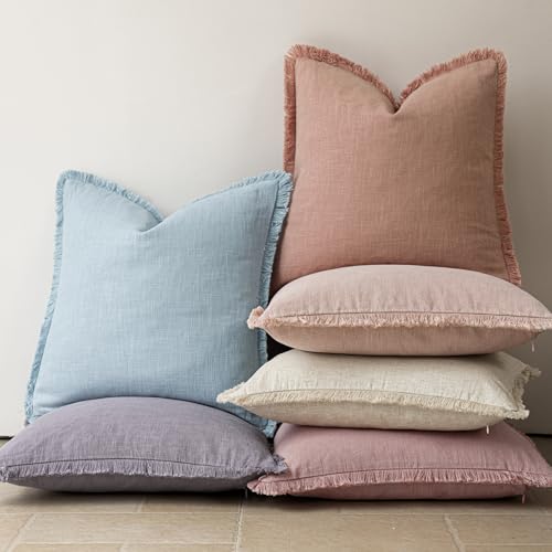 Decorative Linen Fringe Throw Pillow Covers 22×22 Coral Pink (22" x 22" (Pack of 2) / Coral Pink)