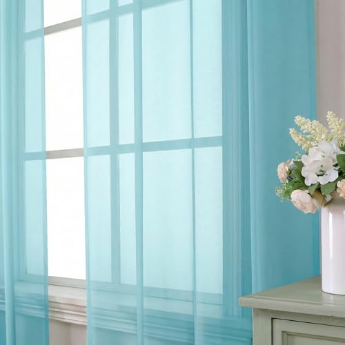 Aqua Sheer Curtains 84 Inches Long 2 Panels Set for Living Room (42"W x 84"L (Pack of 2) / Aqua)
