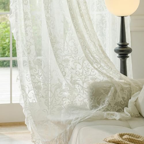 Lace Ruffle Curtains 2 Panels (59"W x 72"L (Pack of 2) / Cream)