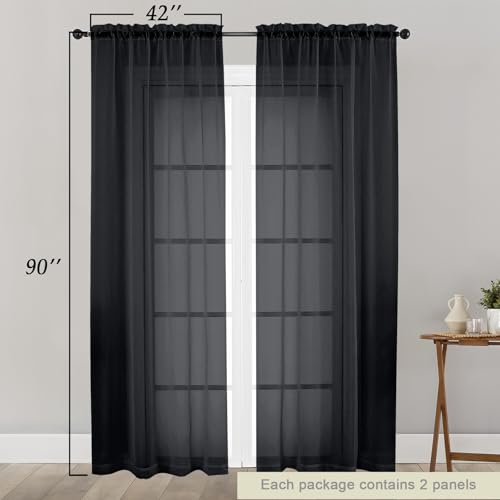 Sheer Black Curtains for Bedroom Living Room 90 Inches Long 2 Panels Set (Black / 42"W x 90"L (Pack of 2))